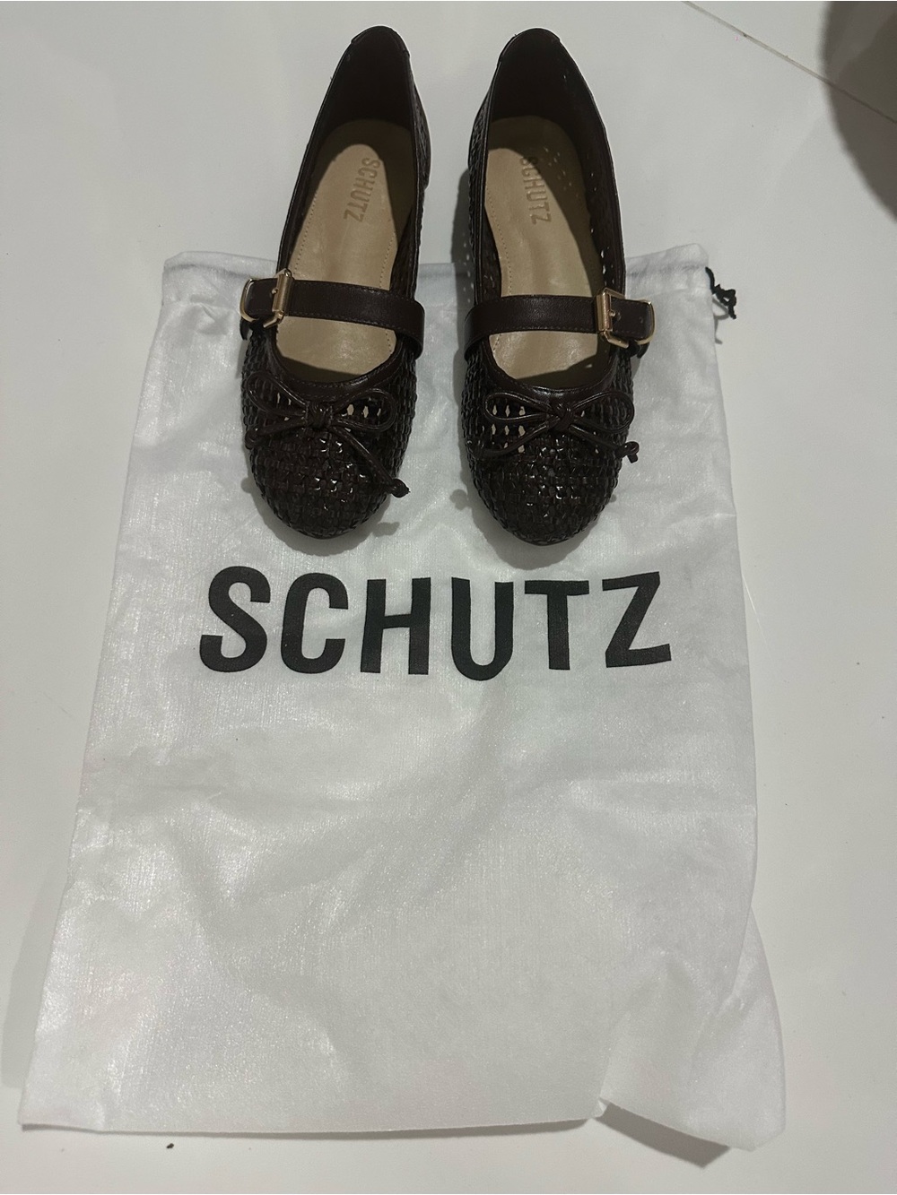 SCHUTZ Dark Brown Woven Mary Jane Flats with Buckle
